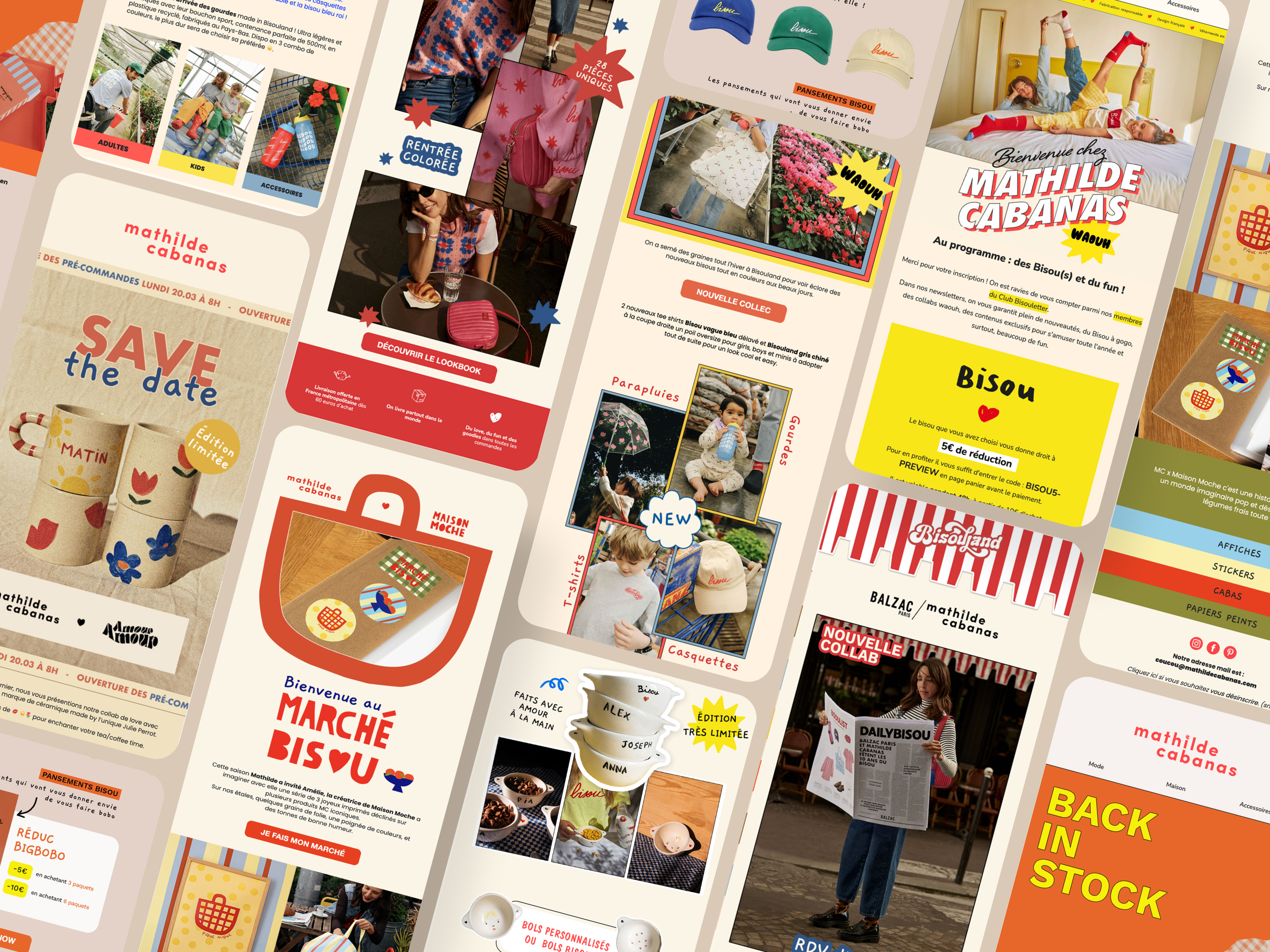 Overview board of Mathilde Cabanas communications: monthly campaigns, welcome flow, brand collaborations and website variations.