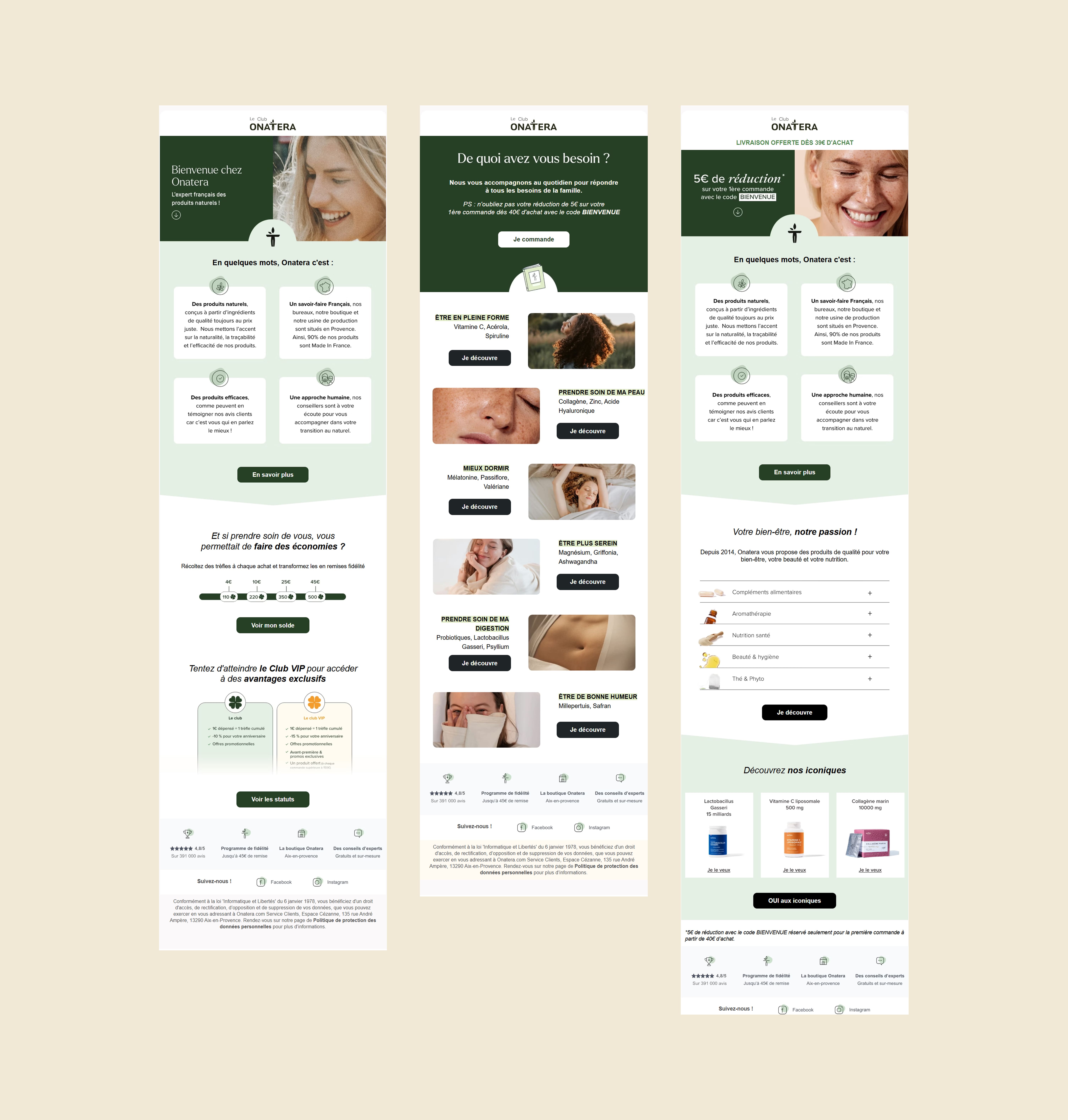 Trois versions de l'email de bienvenue du Club Onatera : l'accueil « Bienvenue chez Onatera » et la mécanique de trèfles, le parcours par besoin (forme, peau, sommeil, digestion, humeur), et la relance avec le code promo BIENVENUE de 5 €.