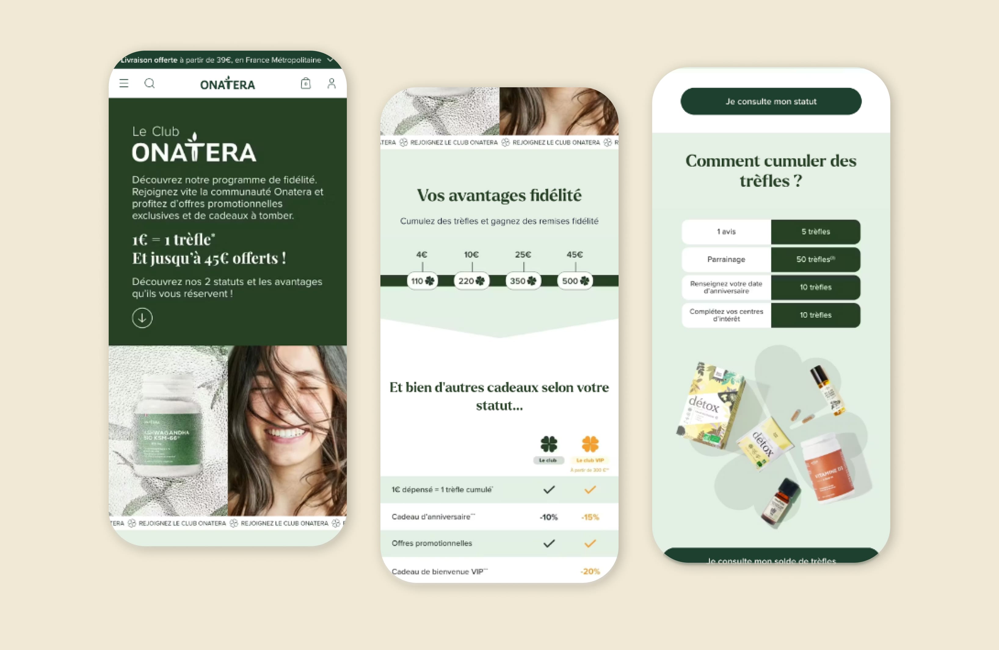 Trois écrans de la landing page Club Onatera : le hero vert avec la promesse « 1 € = 1 trèfle », la timeline des paliers de récompense, et le bloc « Comment cumuler des trèfles ».